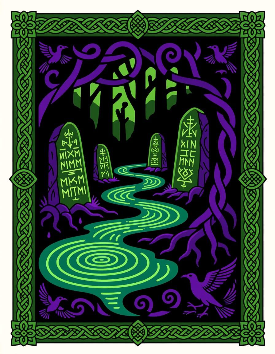 Mystical Bog with Celtic Knotwork and Glowing Runes