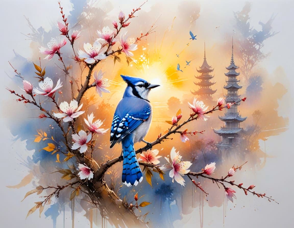 Blue Jay Sings at Sunrise Near Pagoda, Stylized Watercolor