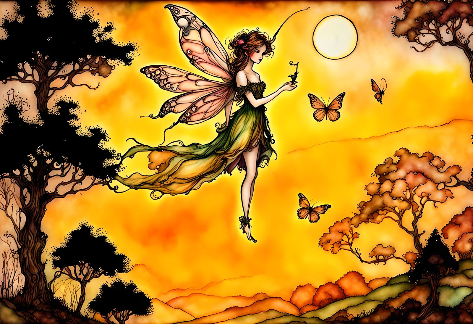 Fantasy fairy countryside,  by Arthur Rackham, alcohol ink, ...