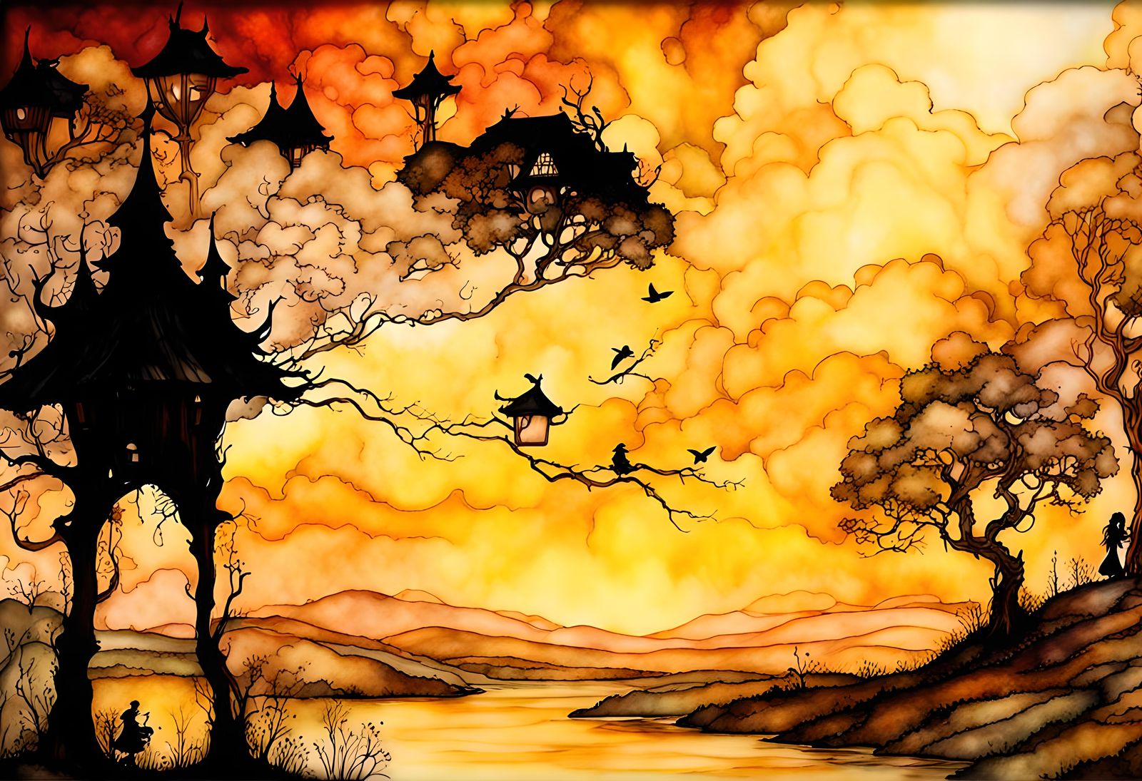 Fantasy fairy countryside,  by Arthur Rackham, alcohol ink, ...
