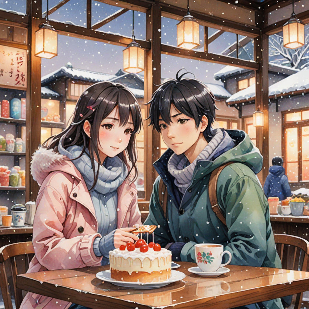 Cozy Winter Moment in Anime Style