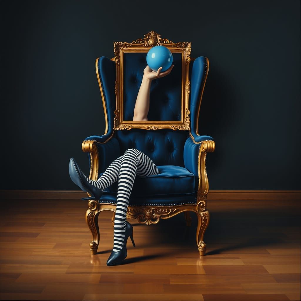 Surreal Vintage Chair with Ethereal Legs and Glowing Sphere