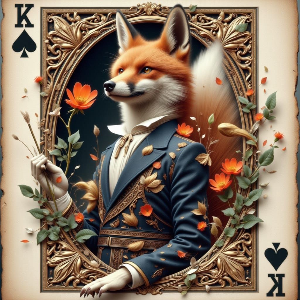 Fox in a Tailored Suit Emerges from Vintage Playing Card in ...