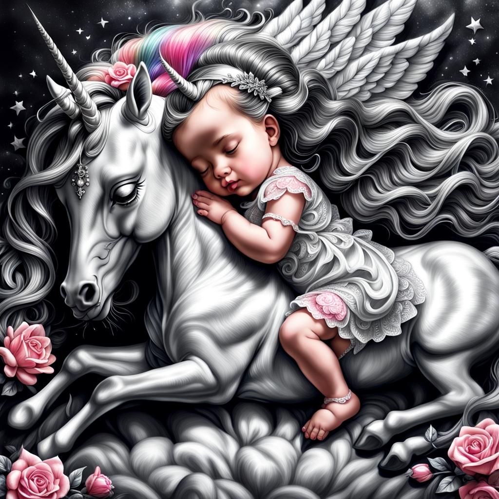 Baby Princess and Magical Unicorn in Hyperrealistic Charcoal