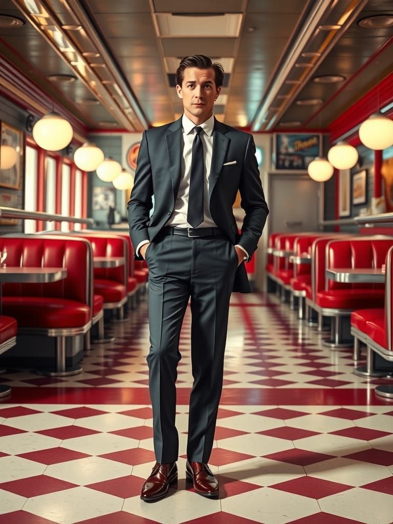 Sharply Dressed Man in 1950s Diner, Vintage Style