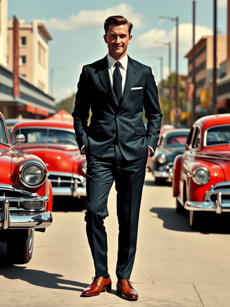 1950s Style Man in Suit with Vintage Cars