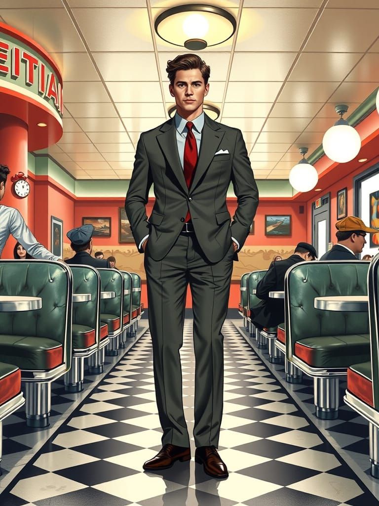 Sharply Dressed Man in 1950s Diner, Illustration