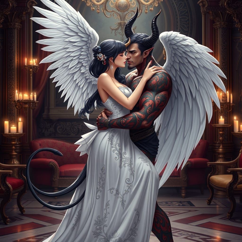 Angel and Demon Kiss in Anime Style