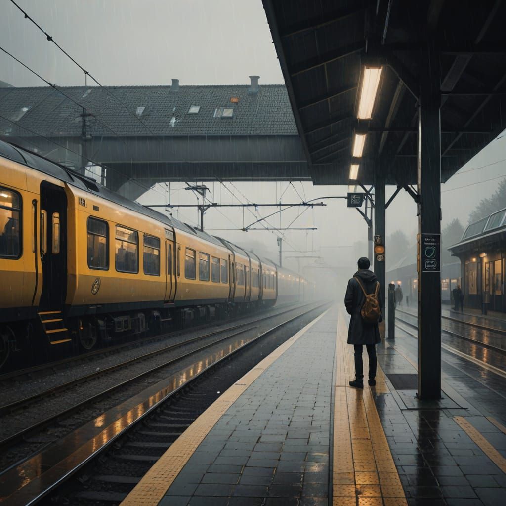 Atmospheric Dutch Train Station in Oil Painting Style