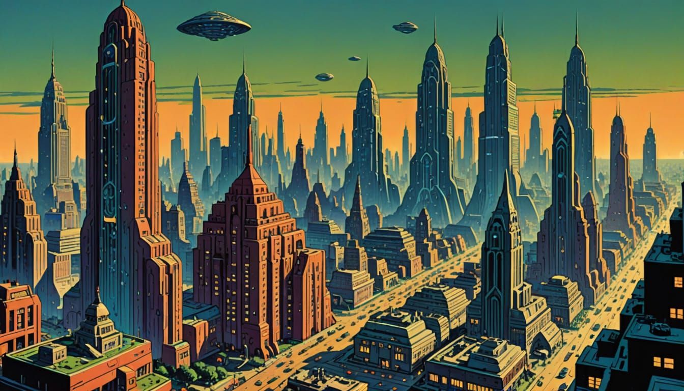 Retro Futuristic Cityscape in Moebius and Kirby Style