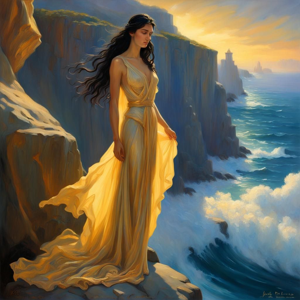 Greek Muse Reading by the Sea: Hyperrealistic Oil Painting