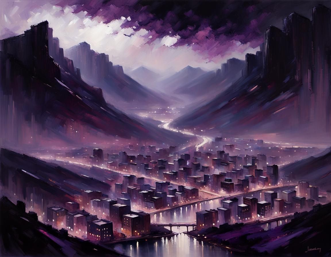 City at Midnight: Purple Hues in Oil Painting