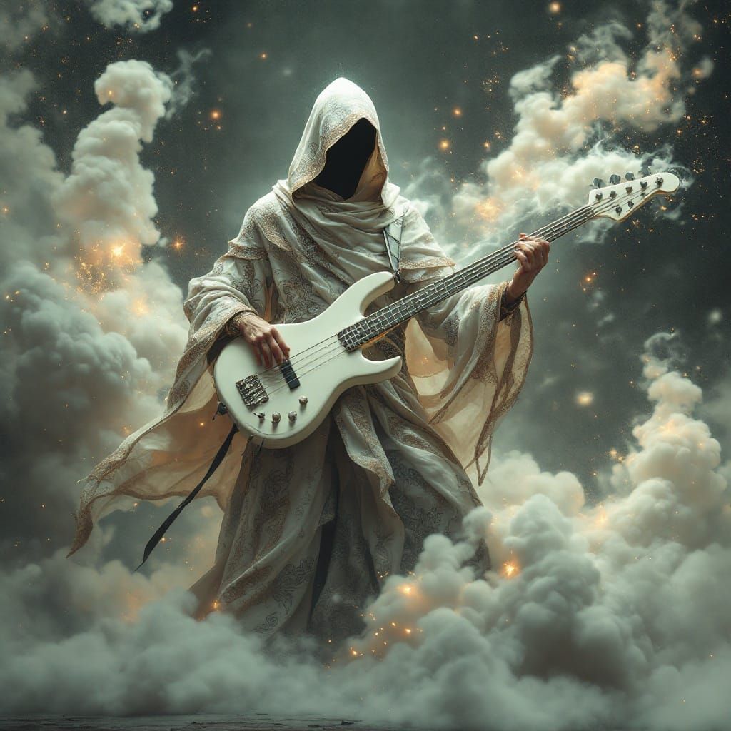 Figure with Bass Guitar in Dramatic Liminal Space