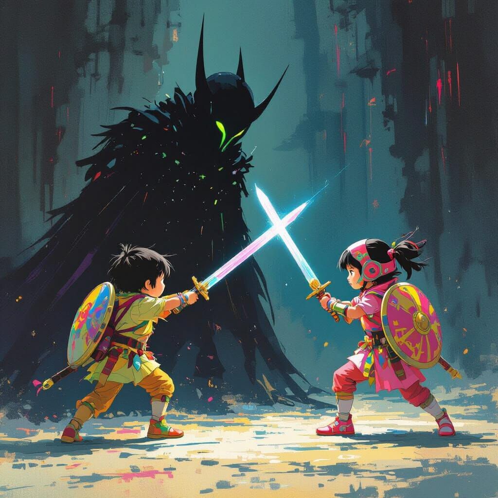 Children Battle Darkness in Futuristic Art Style