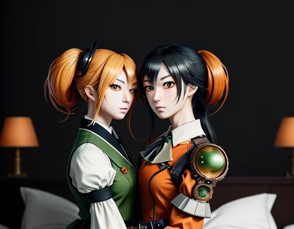 Twin Kemono Sisters Kissing in Manga Anime Style