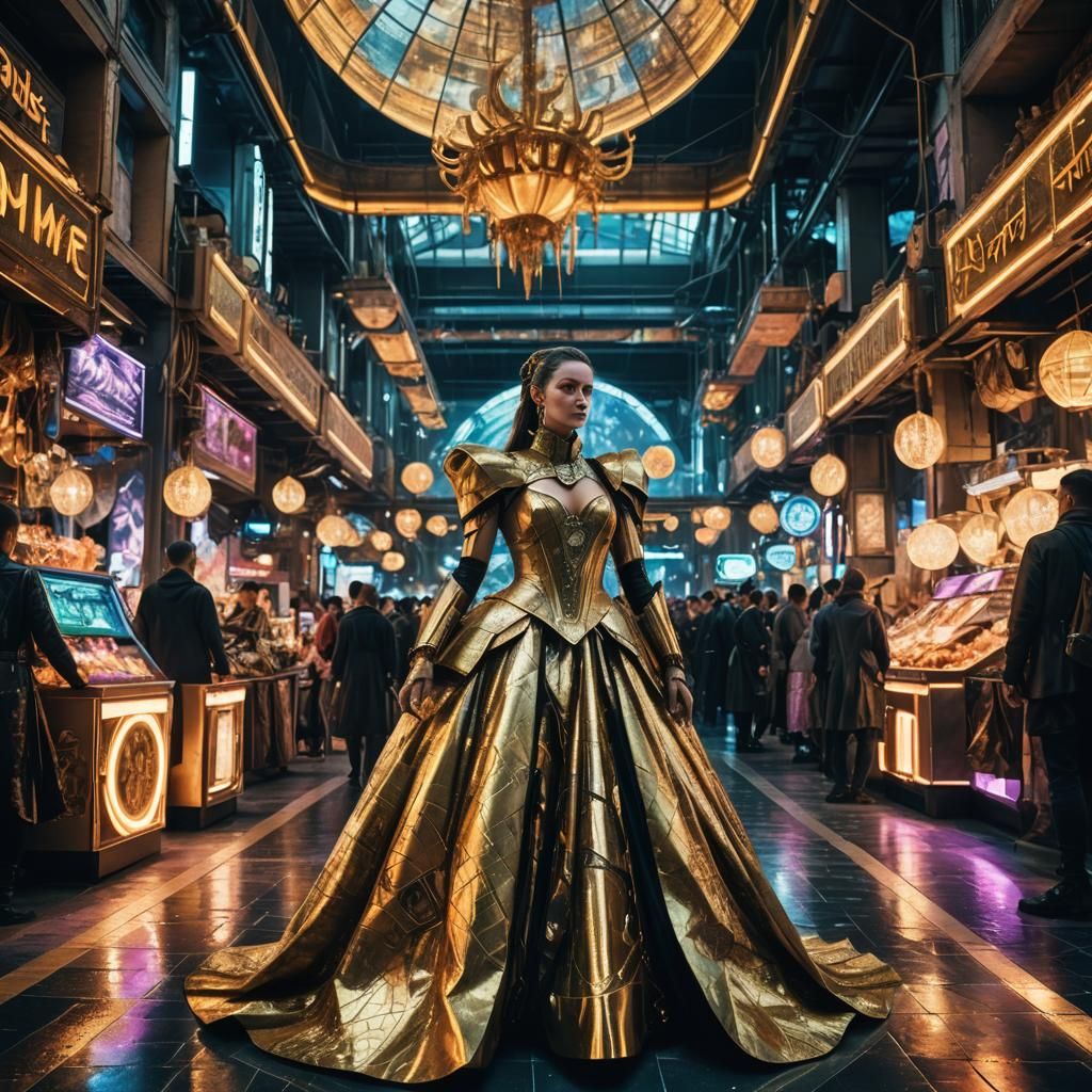 Cyberpunk Renaissance Woman in Futuristic Market