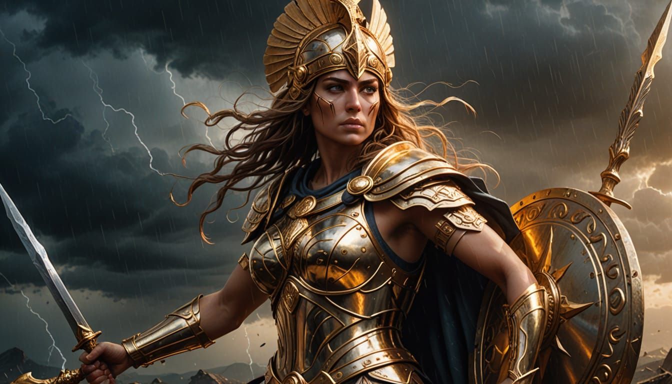 Athena, Goddess Warrior on Stormy Battlefield