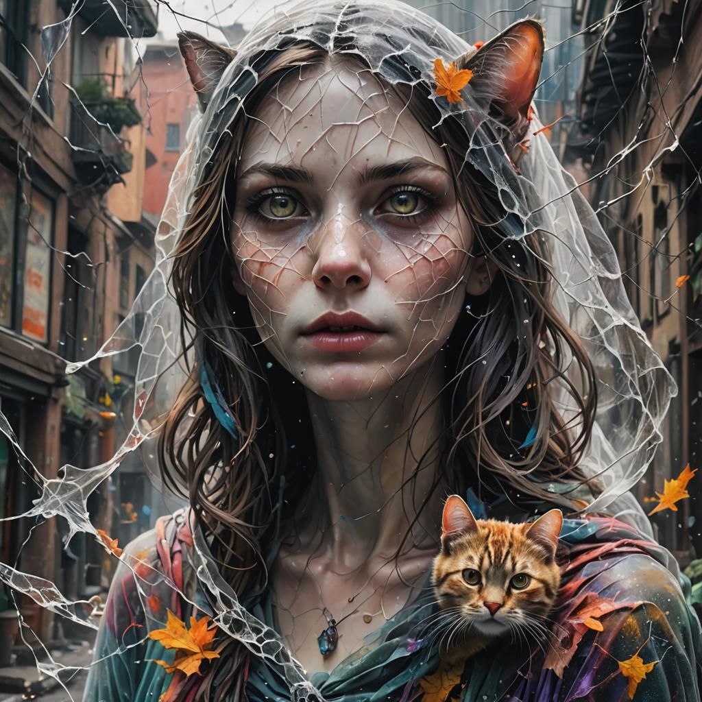Worlds Separated by Veil with Cat, Hyperrealistic Art