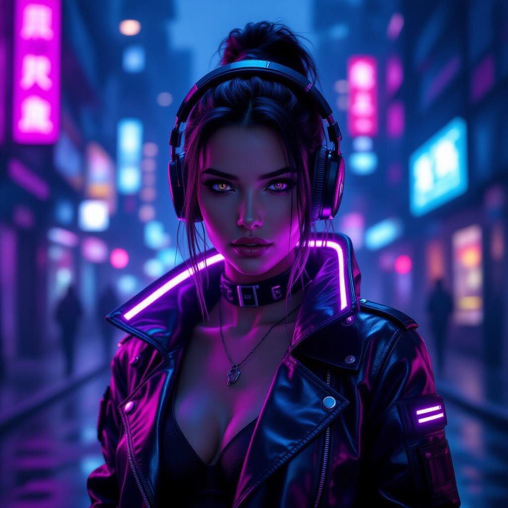 Cyberpunk Portrait with Neon Lights and Futuristic Accessori...