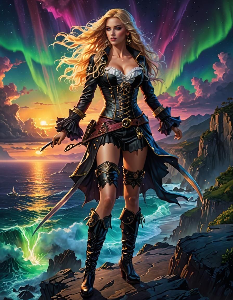 Stunning Blonde Pirate in Neon Splash Art Style