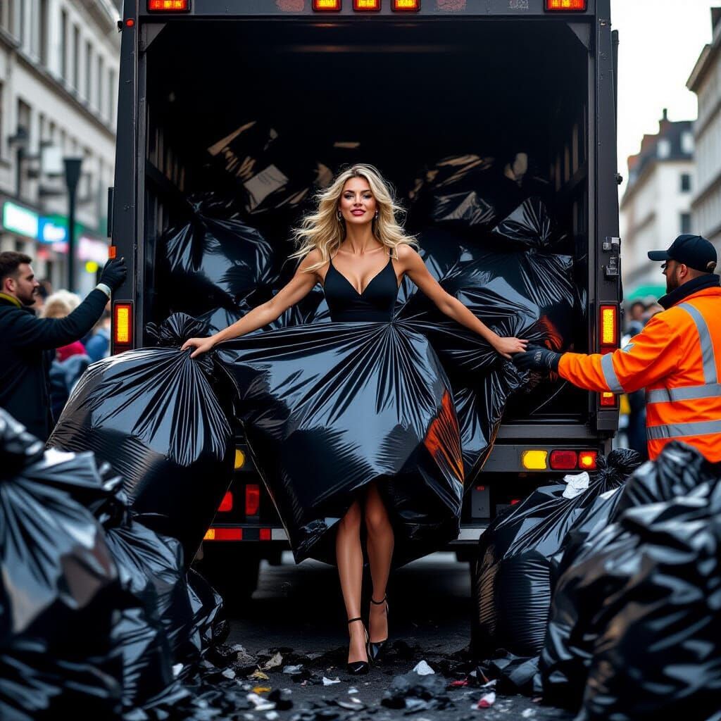 Elegant Woman Discarded in Garbage Truck, Sharp Focus