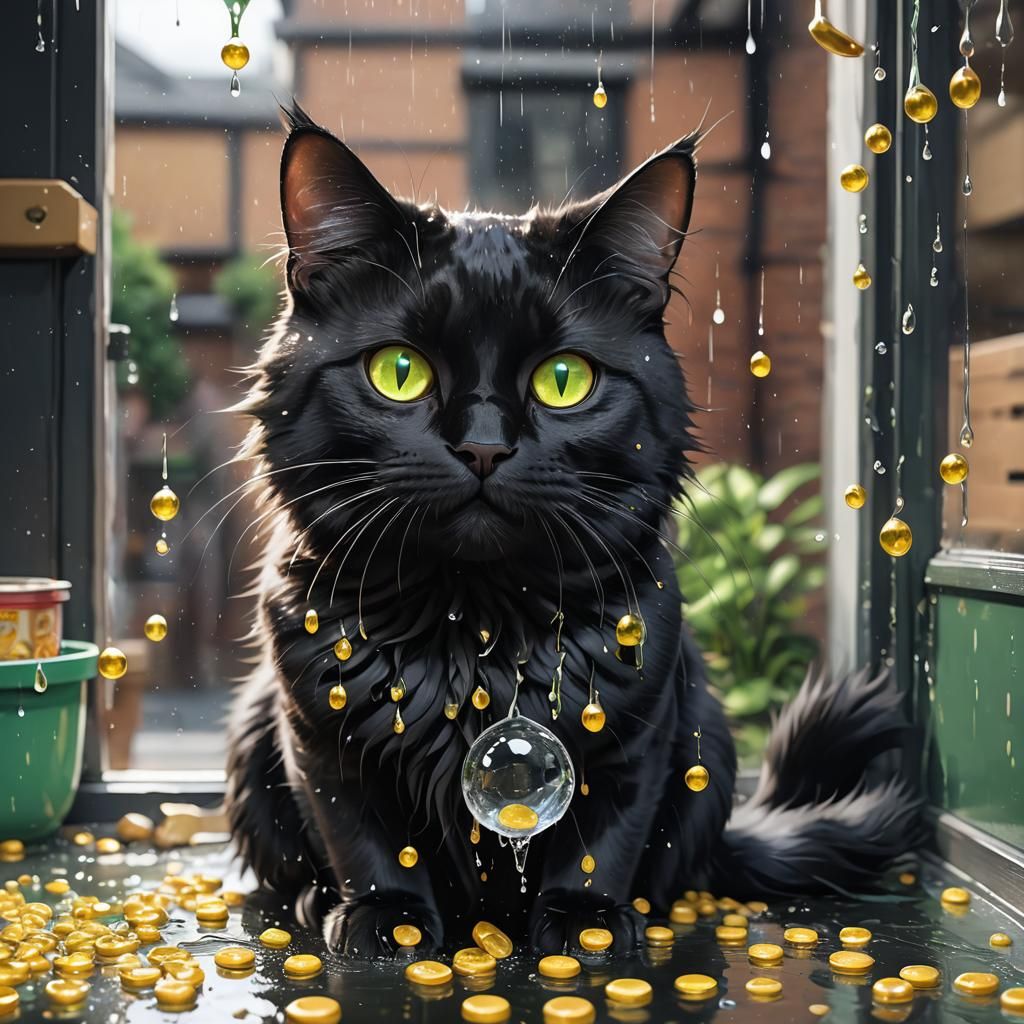 Fluffy Black Cat with Green Eyes: 3D Anime Art