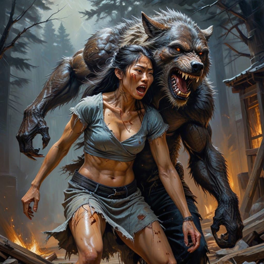 Fierce Werewolf Carries Woman in Detailed Oil Painting