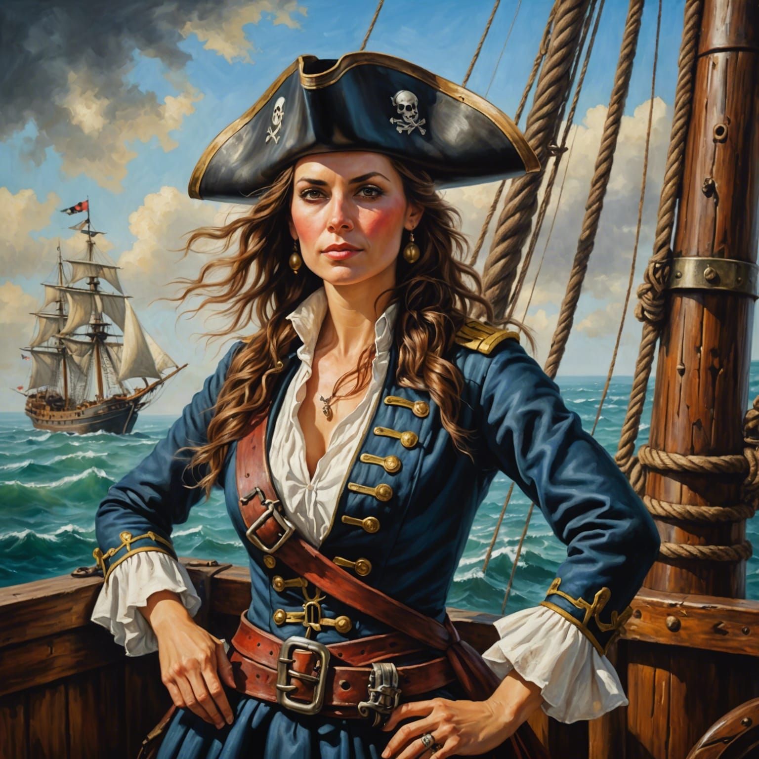 Pirate Captain on a Sailship: Realistic Oil Painting
