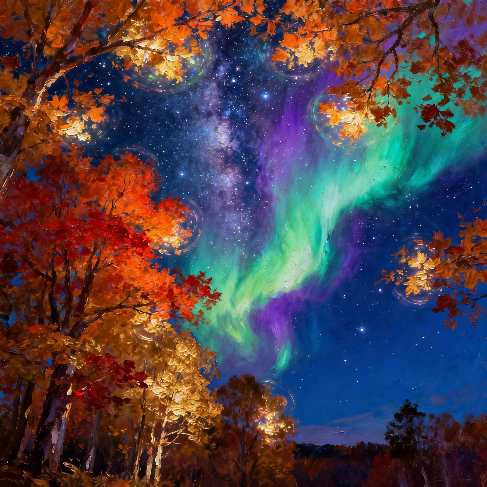 Nighttime autumn landscape viewed from beneath a grove of tr...