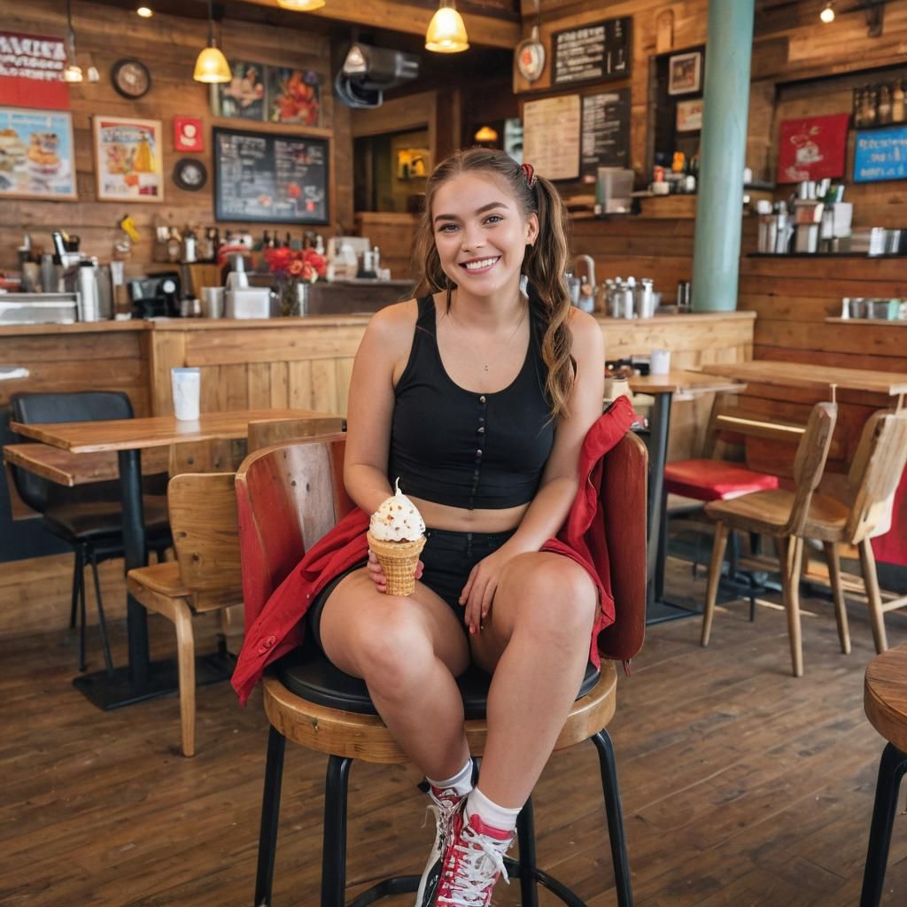 Happy Woman Enjoys Ice Cream, Studio Ghibli Style