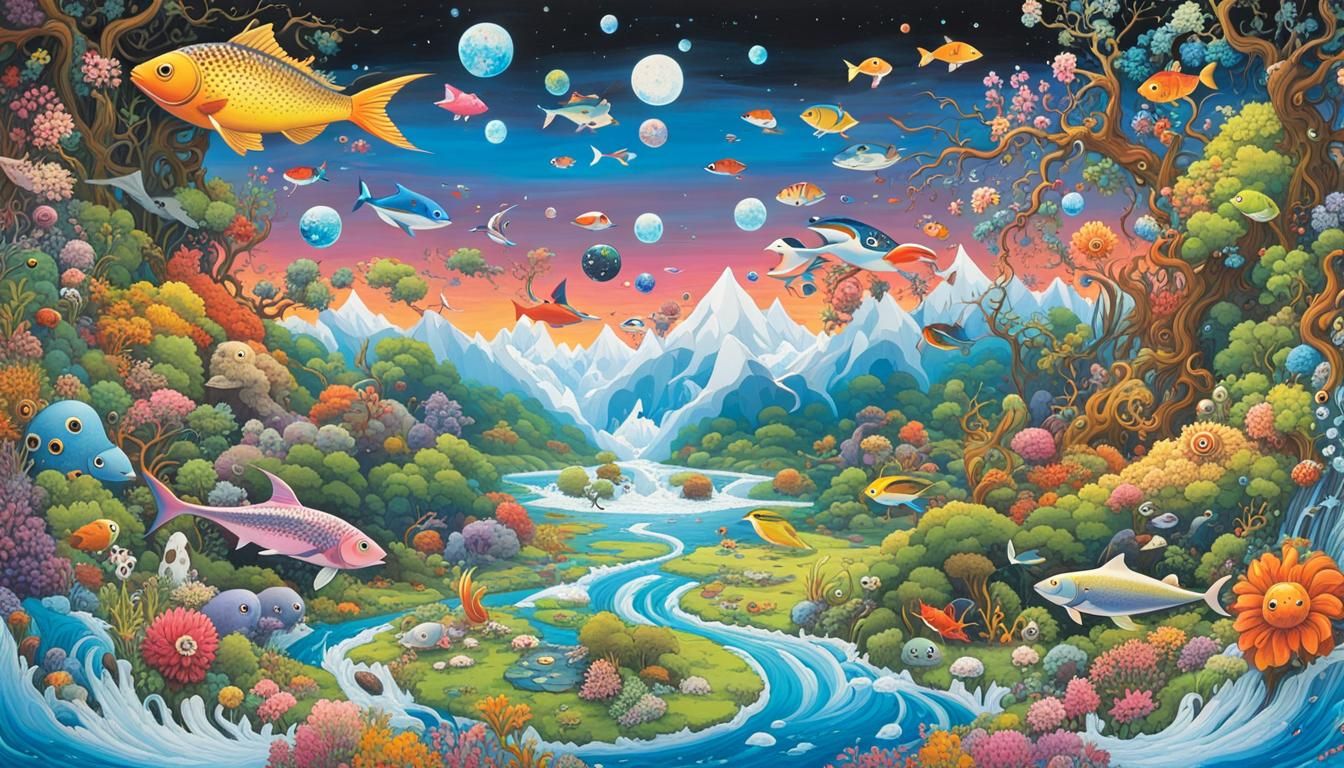 Ecological Biopunk World Map in Murakami Style