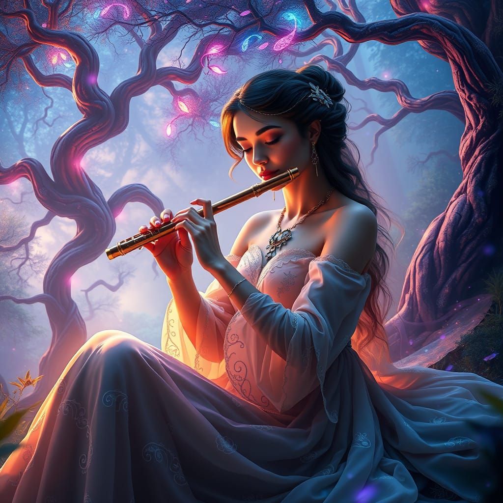 Elegant Woman Enchants Lush Forest with Serene Flute Music