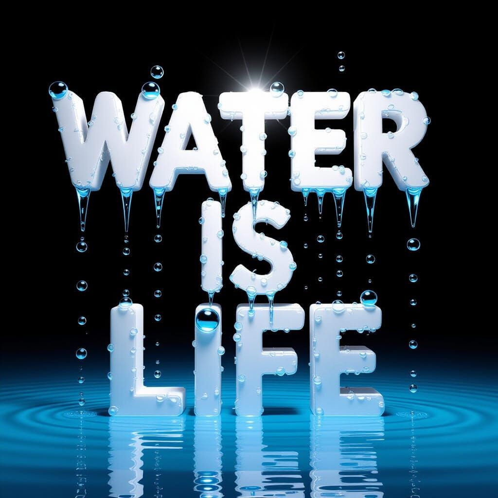 WATER IS LIFE Text Design in 3D Water Style
