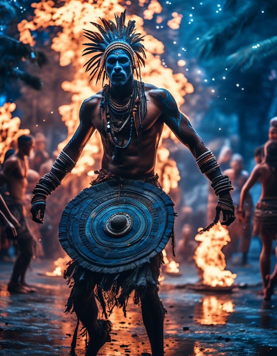 Tribal Warrior Dancing in Blue Fire