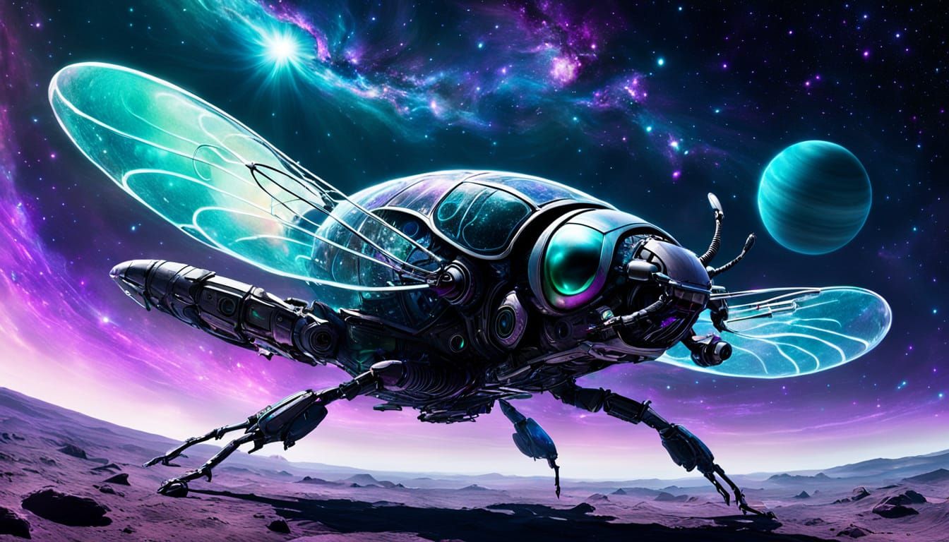 Bioluminescent Beetle Spaceship Amidst Nebula