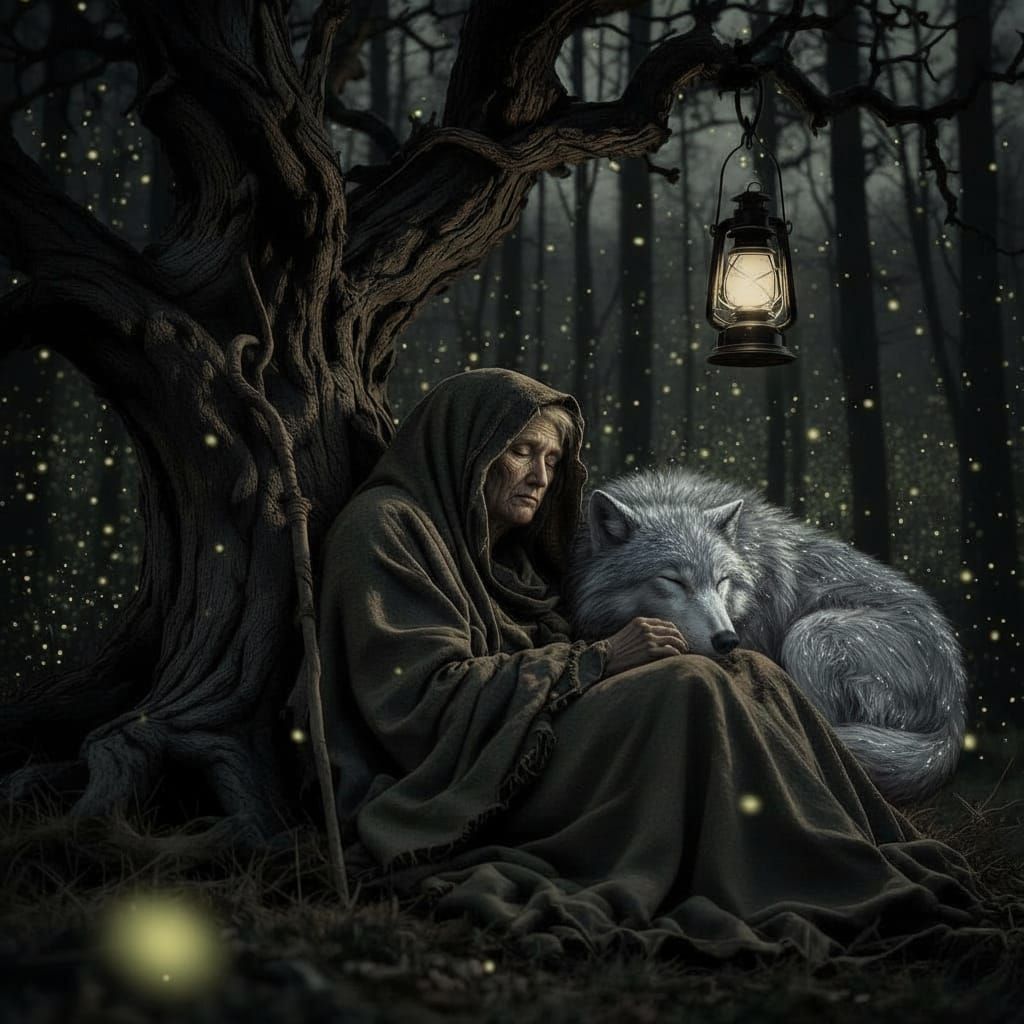 Old Woman Sleeping with Lantern: Cinematic Still