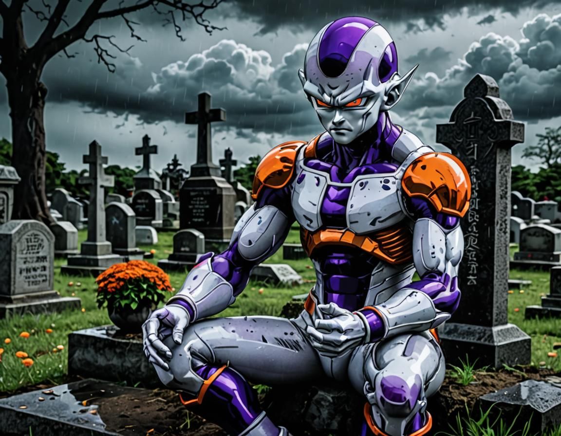 Frieza from dragonball manga mourning in front of the grave of Akira toryiama, ligth grey tone with uv_reactive_colour f...