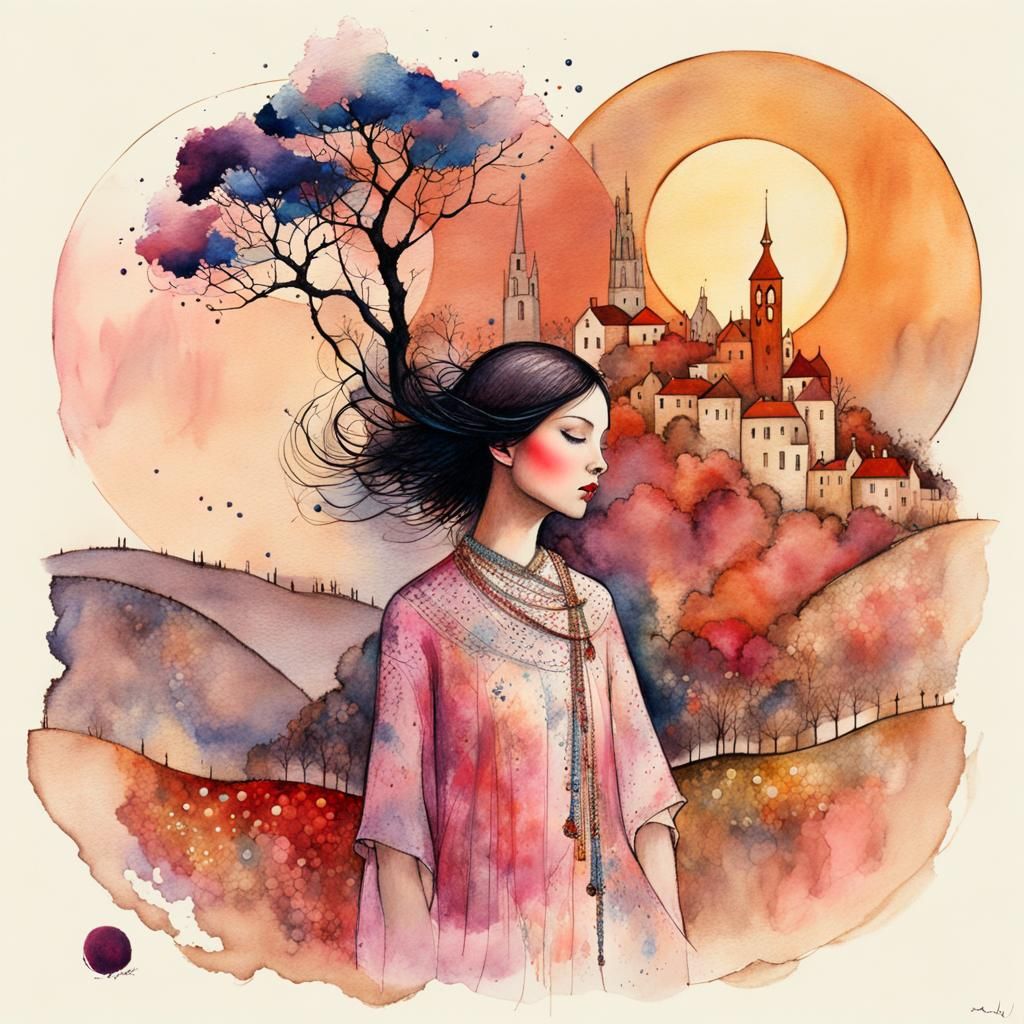 Girl on Windy Hill: Art Brut Liquid Ink Illustration