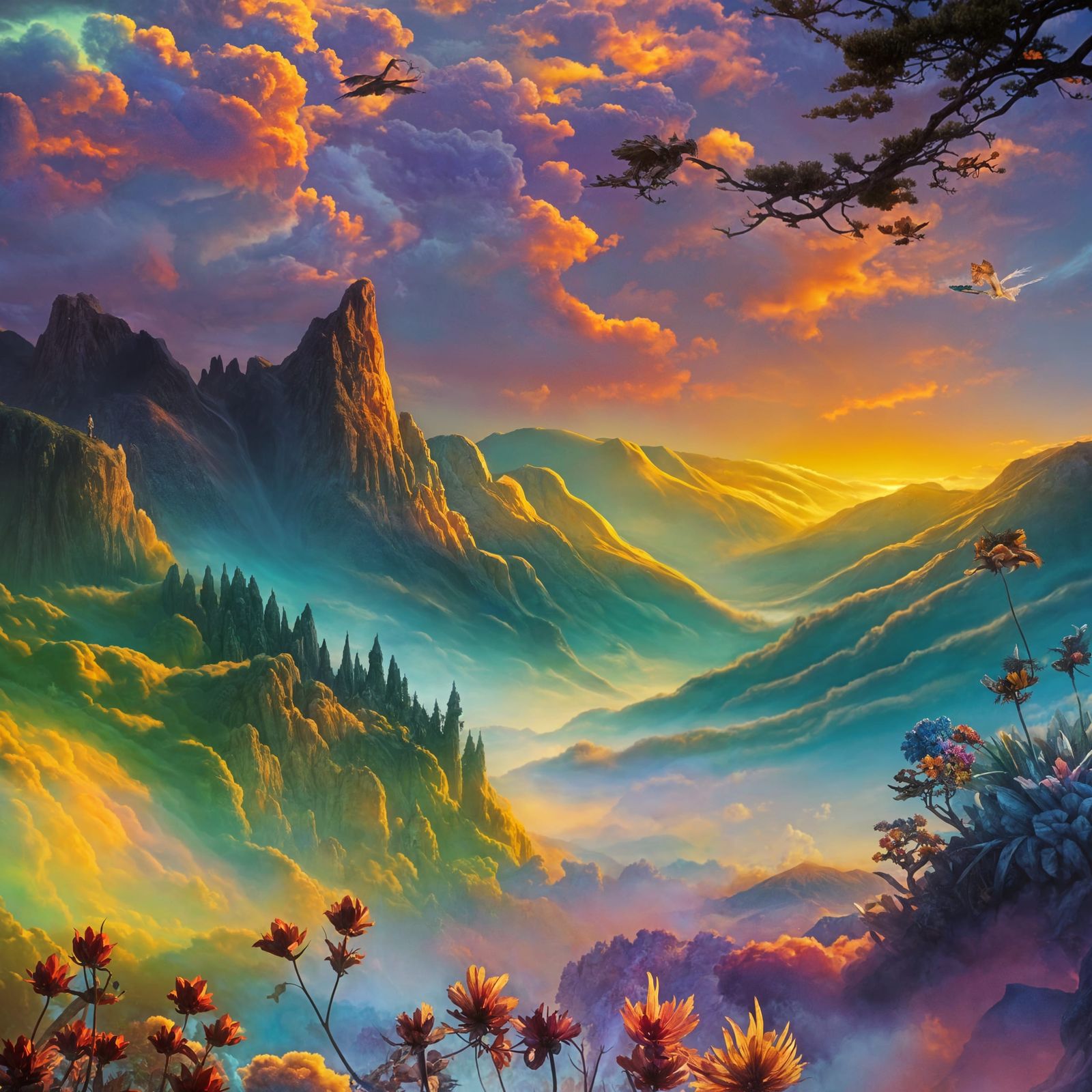 Prismatic Fantasy Sunset Landscape: Detailed Fantasycore Art...