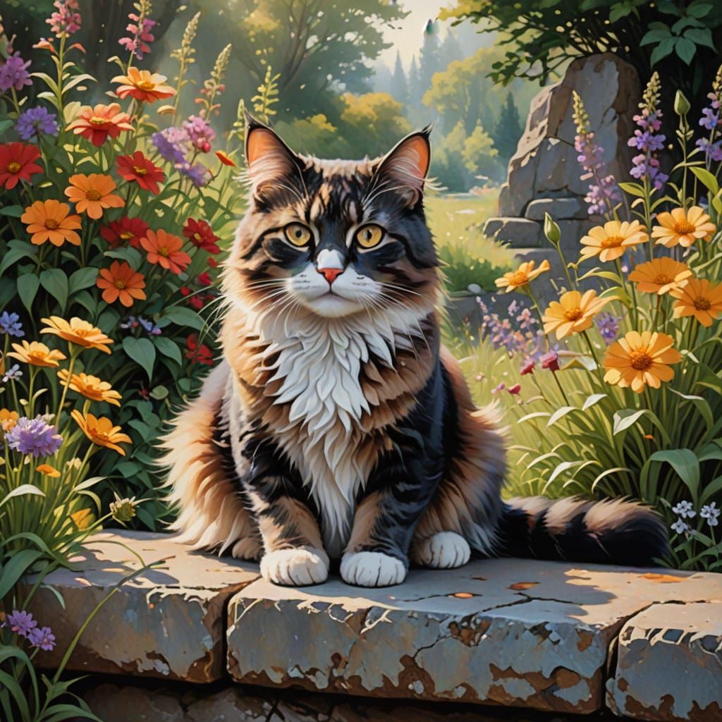 Serene Cat Basks in Warm Sunlight Amidst Vibrant Wildflowers