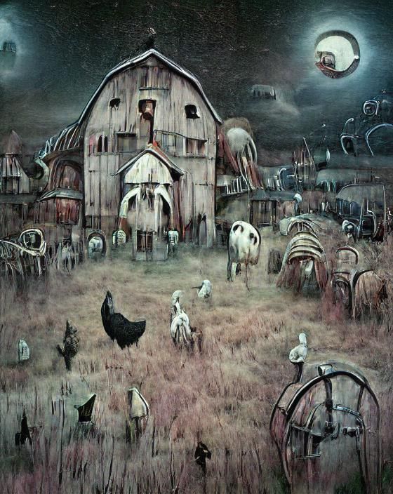 Gothic Steampunk Farm at Midnight