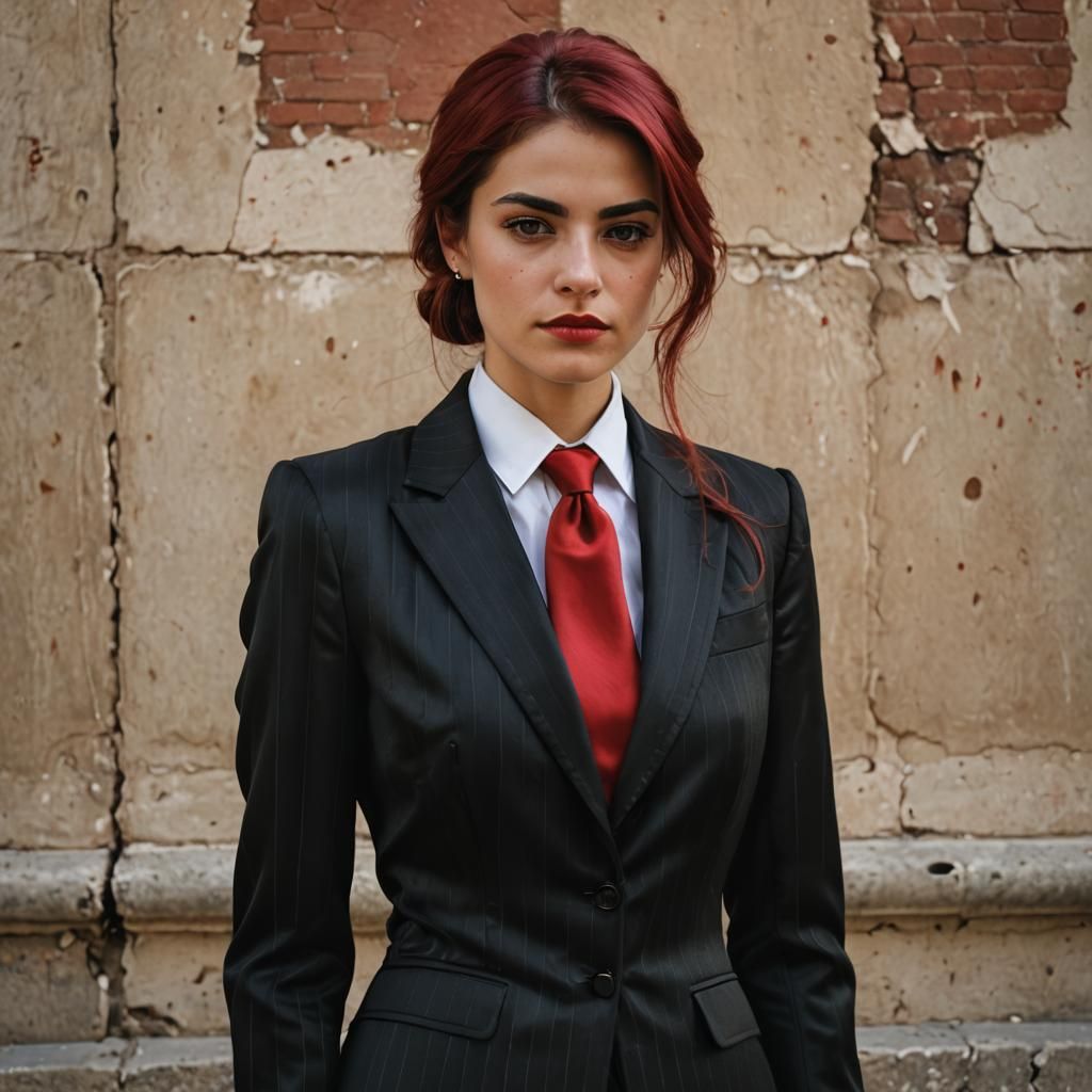 Gothic Preppy Woman in Black Pinstripe Suit