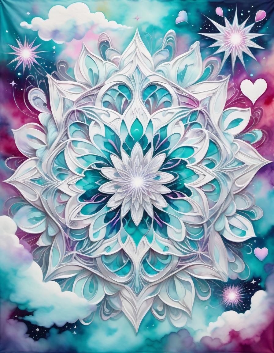 Psychedelic Dreamscape with Hearts and Starbursts