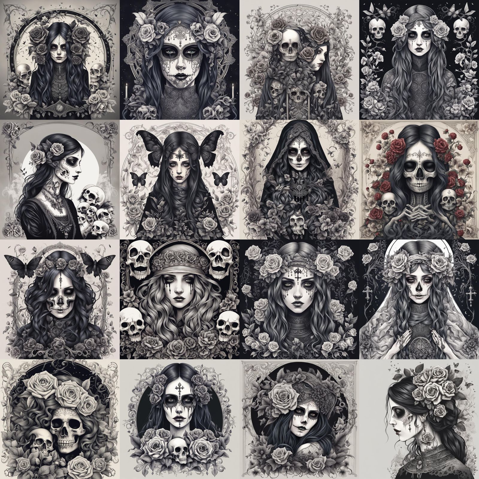 Femme romantuque tristesse gothique avec des têtes de mort