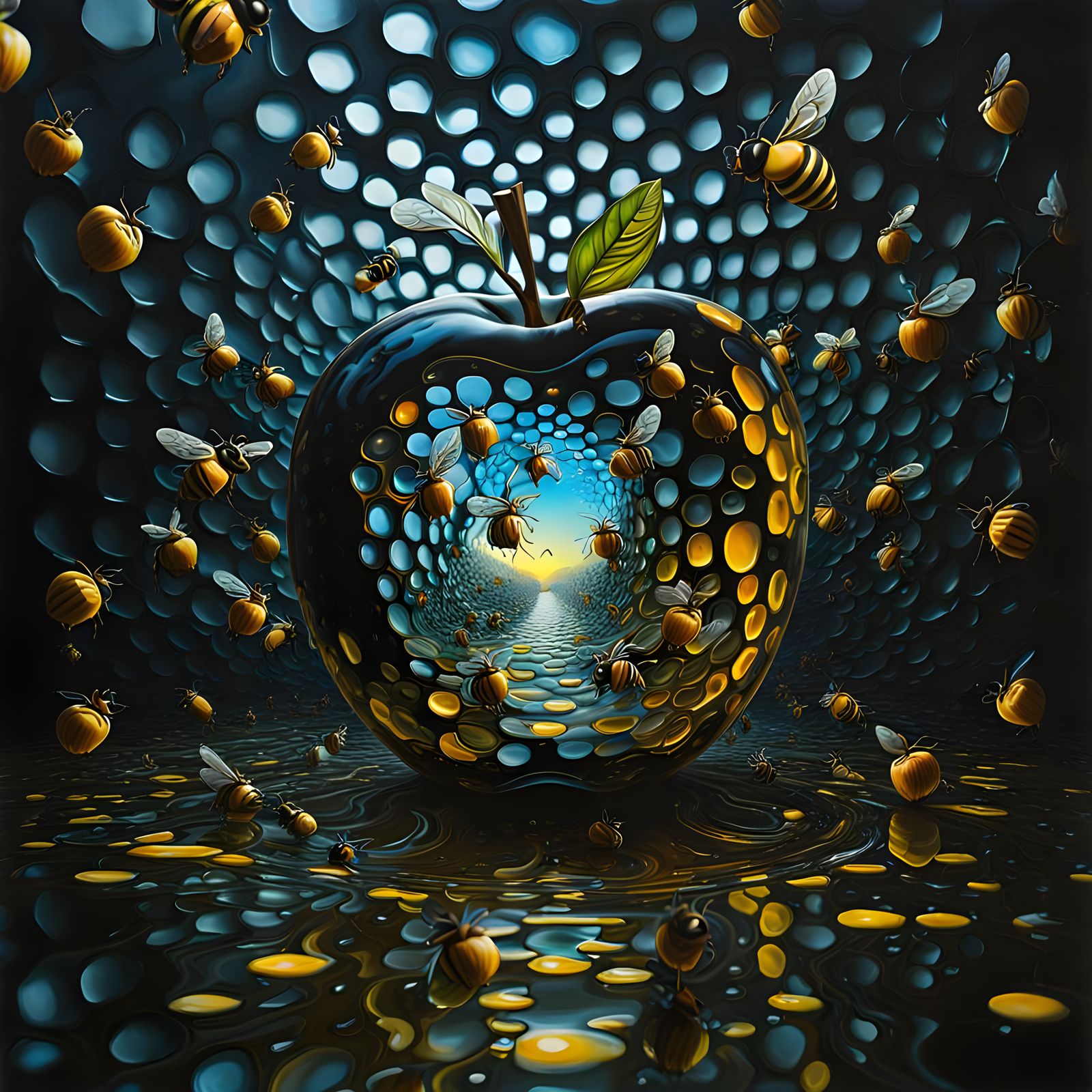 Surreal Apple and Bee Dreamscape in Dali Style
