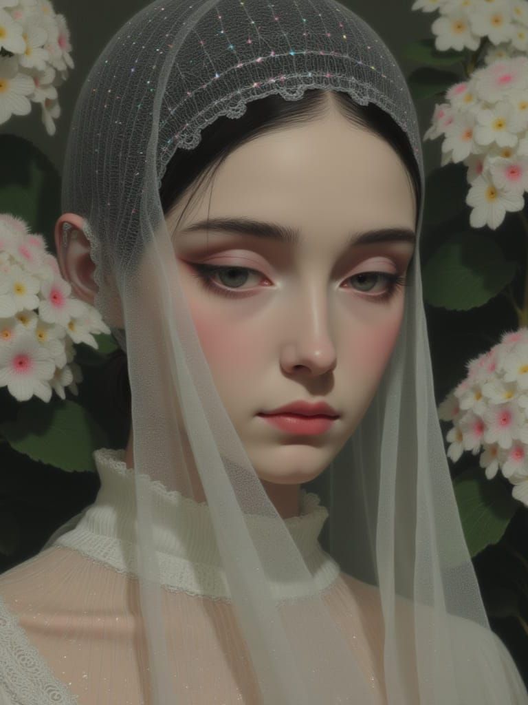 shrouded in gauze, ultra close-up, 2/3 angle portrait of a woman's face with a thoughtful expression