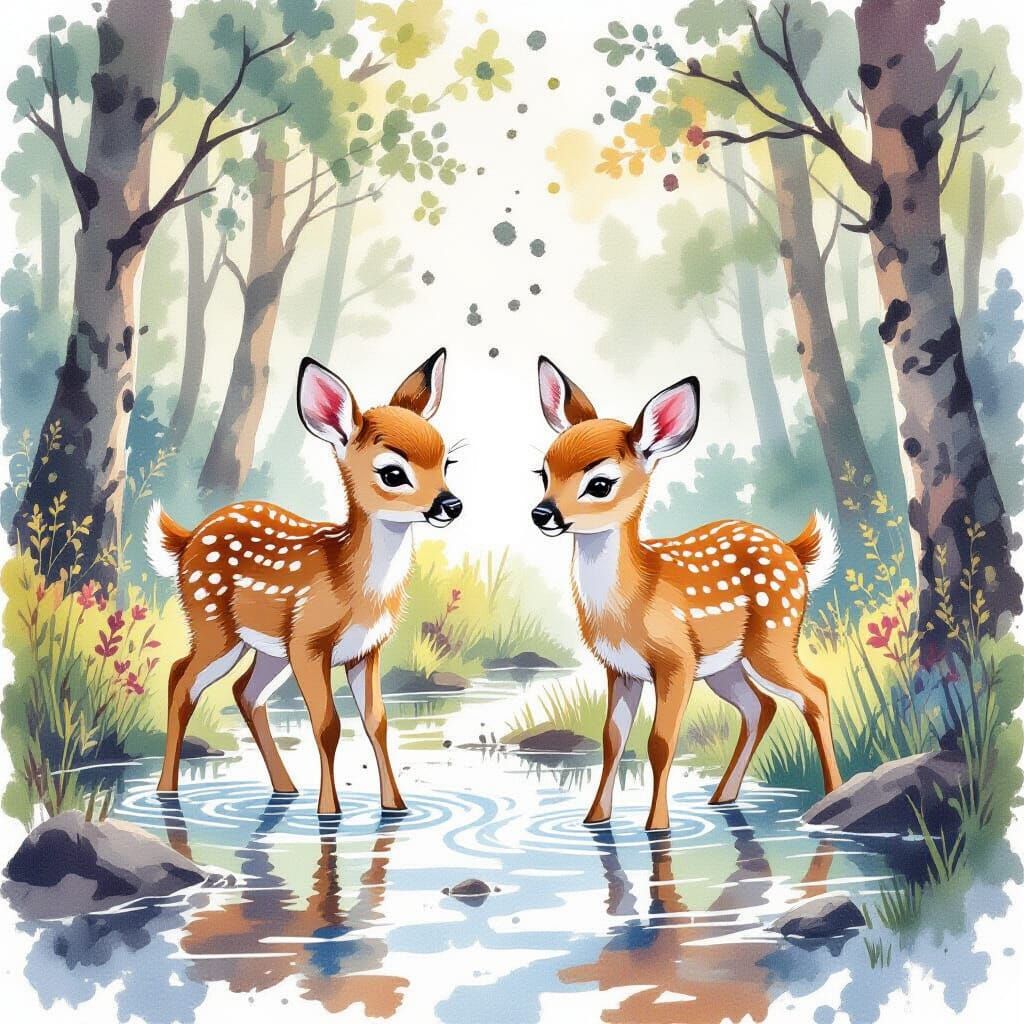 Baby Deer Playing: Watercolor Ink Splatter Art