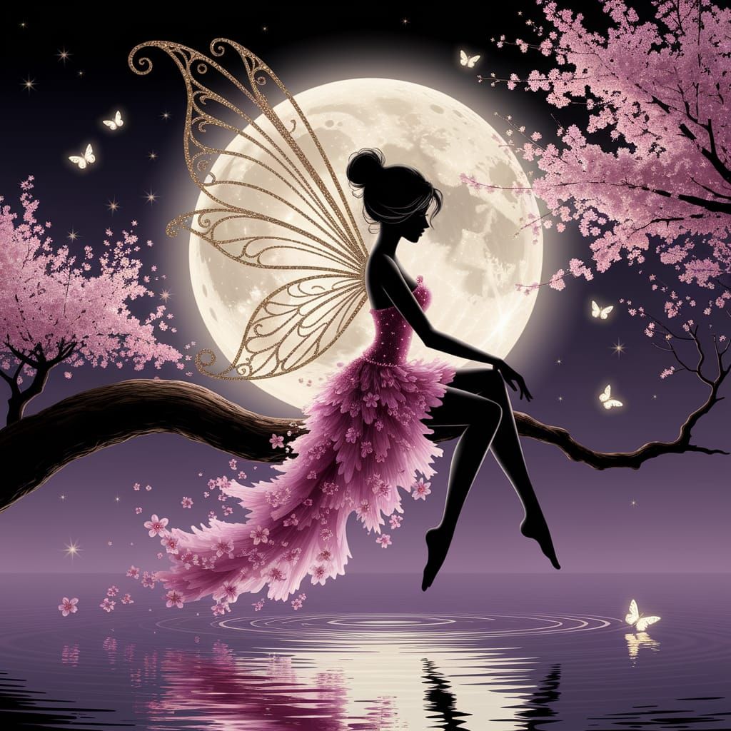 Moonlit Fairy Amidst Cherry Blossoms
