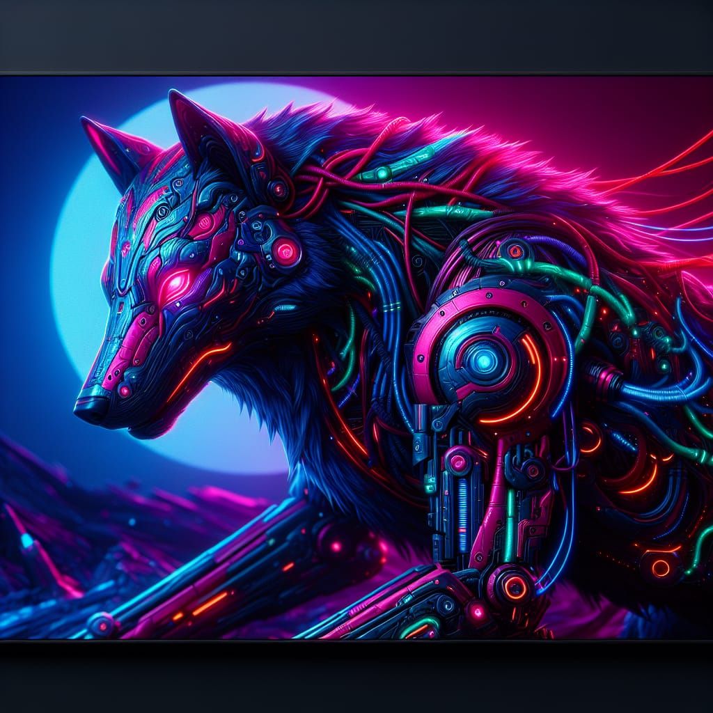Neon Cybernetic Wolf in Matte Painting Style