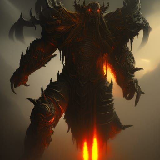Armored Black Demon with Fiery Eyes, Dark Fantasy Art